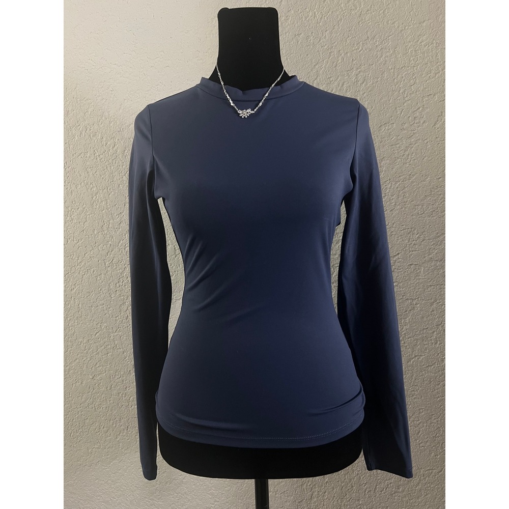 Slate Blue Mock Neck Long Sleeve Athletic Top Fitted Performance Shirt XS - Picture 2 of 2